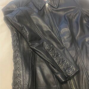 Harley Davidson Black Leather Jacket with Lace-Up Detail
